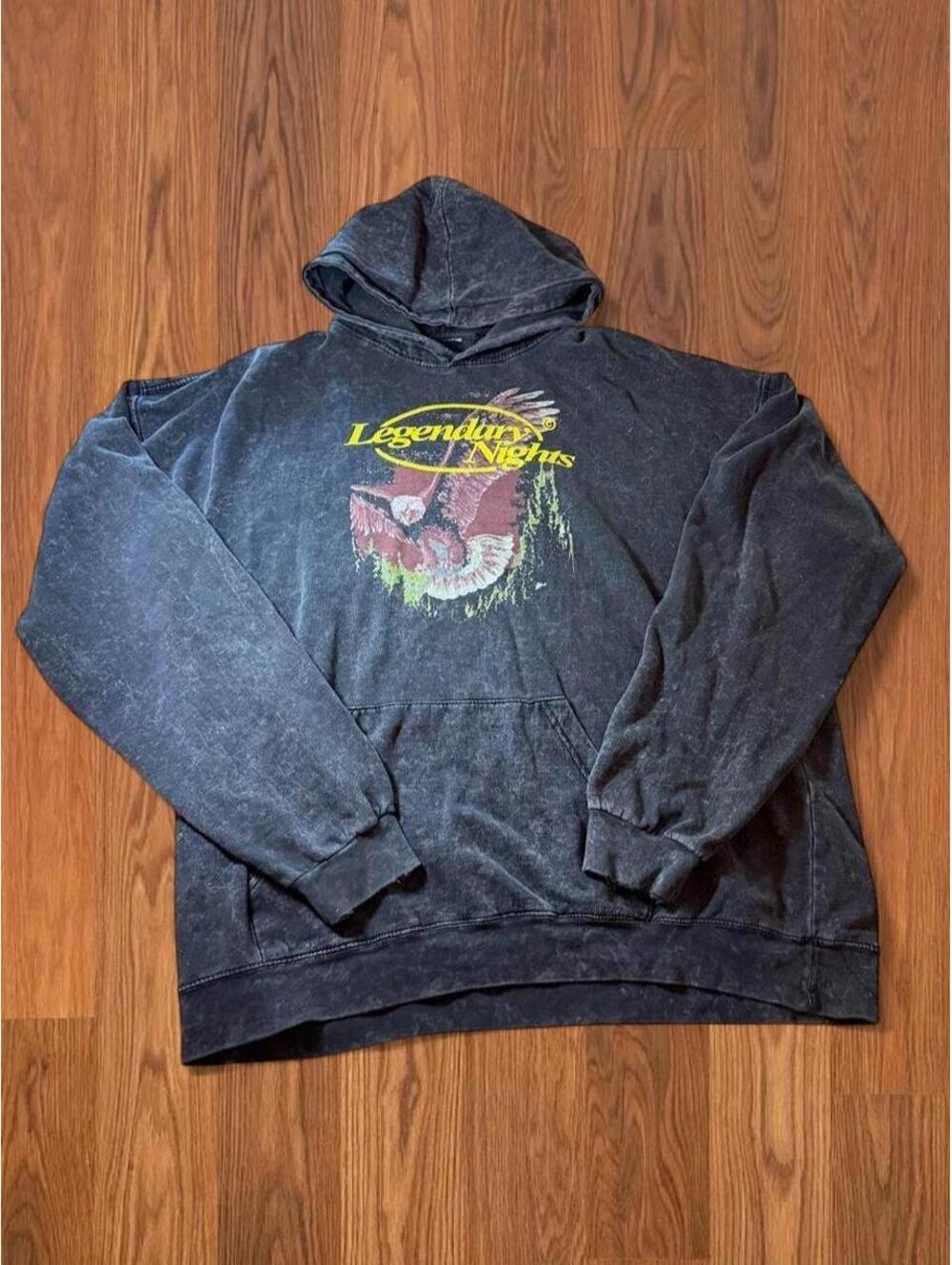 Vintage Acid Wash Legendary Nights Graphic Hoodie Mens Large Distressed
